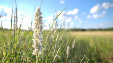 Obraz premium Fluffy grass close-up, sunny field background, nature scene, ideal for website