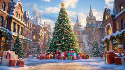 Naklejka premium Snowy town square Christmas tree, gifts, festive background, holiday card