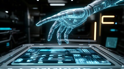 A translucent robotic hand hovers over a futuristic touchscreen interface, displaying glowing blue data. The scene is set in a dark, high-tech environment.