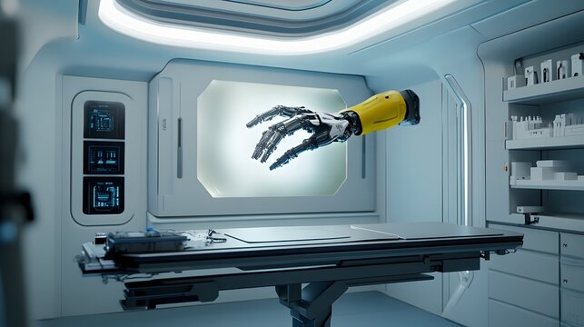 A robotic arm extends into a futuristic medical operating room, reaching towards a sleek examination table. The sterile white environment features advanced technology and medical supplies.