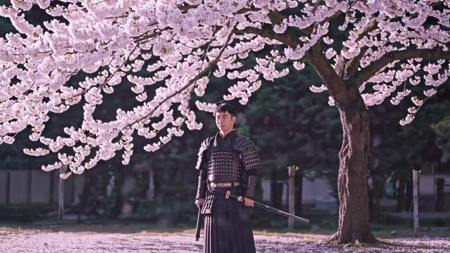 Samurai Standing Under Cherry Blossom Tree Scene Film