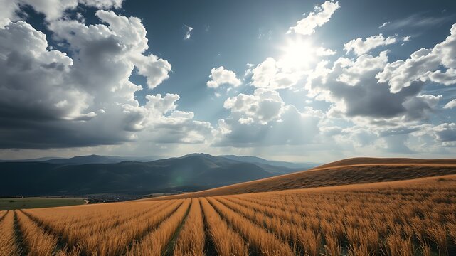 Golden wheat field under a dramatic sky with fluffy clouds and bright sun, overlooking picturesque mountains and a small village.