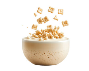 bowl of fresh milk with crunchy cereal floating on top, creating delightful breakfast scene. texture and colors invite sense of enjoyment and satisfaction
