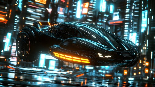 A sleek, black futuristic flying car hovers above a neon-lit cityscape. Its design is smooth and aerodynamic, with glowing orange lights. The city's vibrant colors create a striking contrast.
