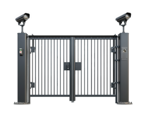 heavily guarded military base entrance gate with security cameras, showcasing robust design and high surveillance features. This gate symbolizes security and protection
