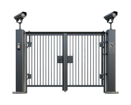 heavily guarded military base entrance gate with security cameras, showcasing robust design and high surveillance features. This gate symbolizes security and protection
