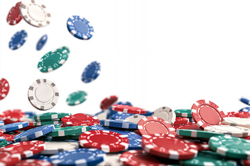 Colorful casino chips falling and piling up on white background.