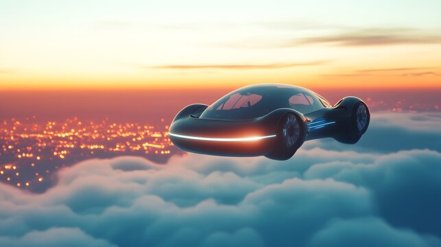 Futuristic flying car glides above a city at sunset, soaring through clouds. A sleek, black design with glowing lights. Concept of future transportation.
