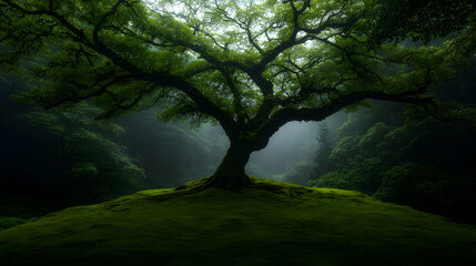 Naklejka premium Majestic tree in misty forest, serene nature scene, meditation, wallpaper
