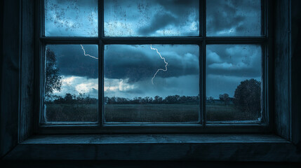 Fototapeta premium Gloomy thunderstorm view through window, capturing desolation