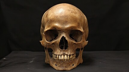 Obraz premium A human skull on a black background evokes Halloween themes. -