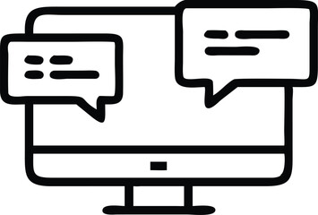 Computer monitor, speech bubbles, digital communication, chat interface, minimalist icon, black and white design, line art, vector illustration, messaging concept, online conversation, screen display,