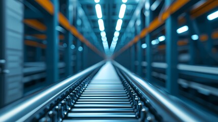 A conveyor belt stretches into the distance within a modern, illuminated industrial facility.