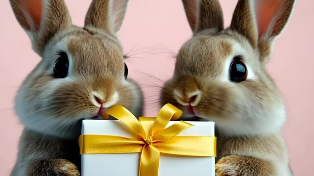 Two rabbits holding a white box with a yellow ribbon. The rabbits are cute and seem to be excited about the gift
