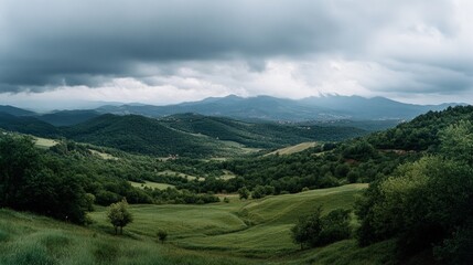 Fototapeta premium Rolling hills embrace a serene green valley beneath a broad, clouded sky, capturing the expansive tranquility of undisturbed nature.