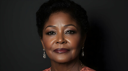 Confident mature woman portrait, dark background, professional headshot