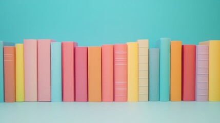A row of colorful books stands against a teal backdrop, presenting a playful and organized array of literature waiting to be explored.