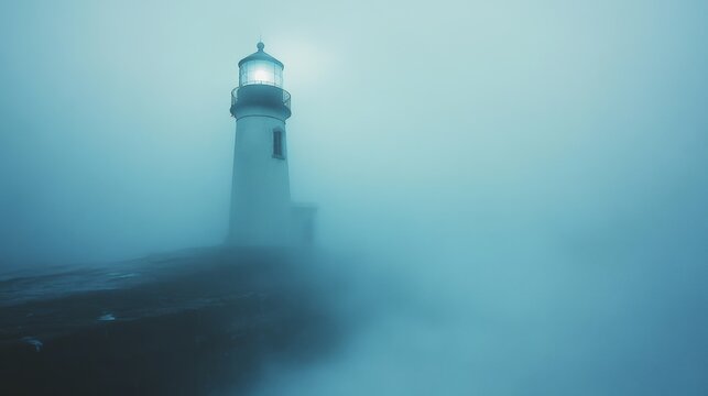 Emerging from an expansive fog, a lighthouse stands as a lone sentinel guiding through the vast, mysterious seascape.