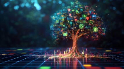 A digital tree composed of glowing icons and data visualization, representing the fusion of technology and nature in a vibrant, futuristic setting.