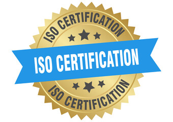 iso certification. iso certification round blue and gold label isolated on transparent background
