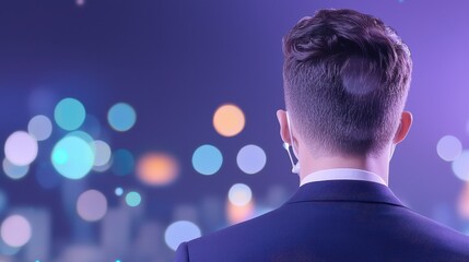 Man in Suit Observing City Lights at Night
