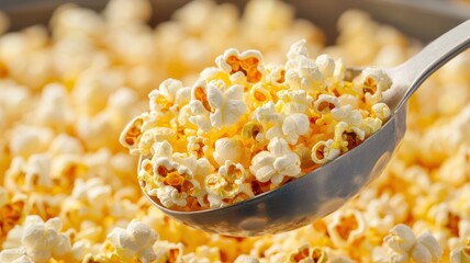 Popcorn lovers day with snack and sharing idea. Freshly popped popcorn in a metal scoop on a golden background.