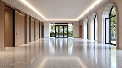 Obraz premium Spacious modern lobby with polished floor, large windows, and natural light enhancing elegant architectural design.