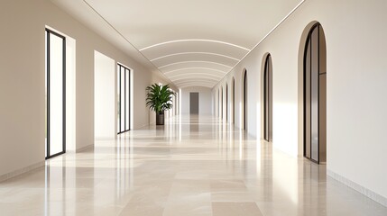 Obraz premium Modern minimalistic hallway with arched windows and a sleek design, reflecting contemporary architectural elegance.