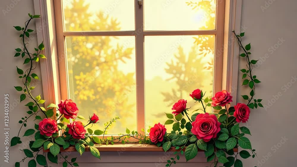 Poster A window with a bunch of red roses in it. The roses are in a vase and are placed on the window sill