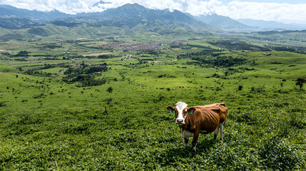 Cow grazing, mountain valley vista, rural landscape, idyllic scenery, farm