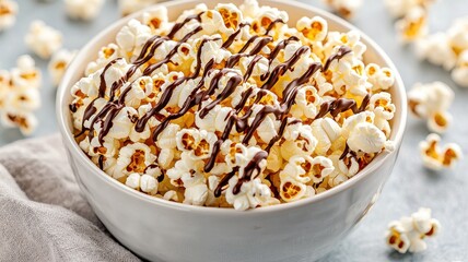 Popcorn lovers day with snack and sharing idea. Delicious popcorn drizzled with chocolate sauce in a bowl.