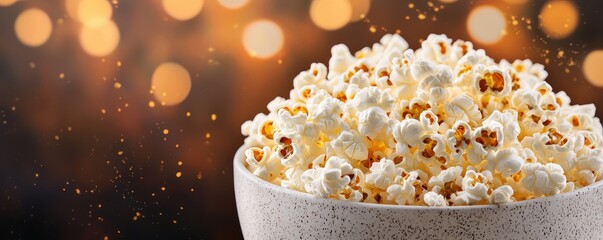 Popcorn lovers day with snack and sharing idea. Delicious popcorn in a decorative bowl with sparkling background.