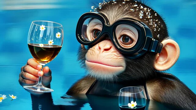 Monkey wearing goggles and holding a glass of wine. The monkey is in a pool of water