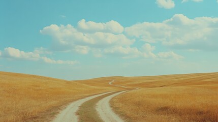 Obraz premium A long, winding dirt road stretches through a vast, golden field under a bright blue sky, evoking wanderlust and dreams of open journeys.