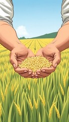 Hands Holding Rice Grains in Paddy Field