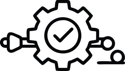 Minimalist icon, black and white, gear symbol, checkmark inside gear, simplified design, connected nodes, process optimization, quality control concept, vector graphic style, clean lines, industrial e