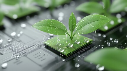 Green leaves growing on a circuit board, symbolizing the blend of nature and technology in a modern eco-friendly world.