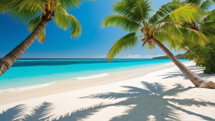 A tropical beach with crystal-clear turquoise water, white sandy shores, and palm trees swaying in the breeze. The sun is shining brightly, creating a relaxing and vibrant scene.