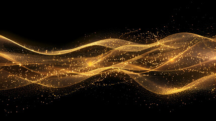Abstract golden wave design with sparkling particles on a black background.