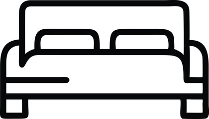 Simple line drawing, minimalist bed icon, black and white, geometric shapes, square headboard, rectangular mattress, abstract bedroom symbol, clean lines, flat design, vector graphic style, symmetrica