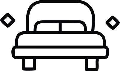 Simple line drawing, minimalist bed icon, black and white, geometric shapes, square headboard, rectangular mattress, abstract bedroom symbol, clean lines, flat design, vector graphic style, symmetrica