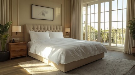 Fototapeta premium Bright and airy bedroom with a large window, featuring a plush bed and elegant decor