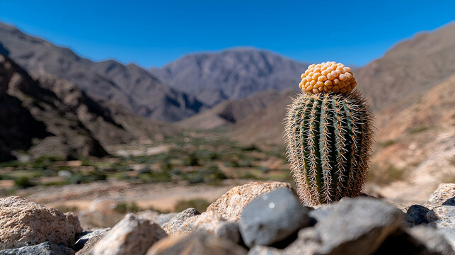 Cactus with a yellow cephalium grows among rocks in an arid mountain valley under a clear blue sky.