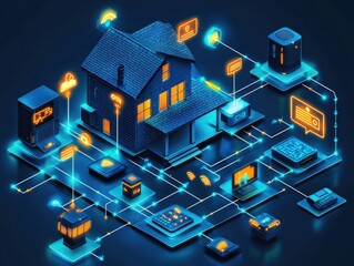 Fototapeta premium A digital illustration of a smart home with connected devices and networks.