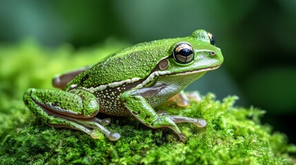 Naklejka premium A green frog perches serenely on vibrant moss, its intricately textured skin blending seamlessly with the lush environment.