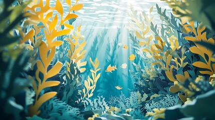 A paper cut showcasing a kelp forest swaying in crystal-clear waters with fish weaving through.