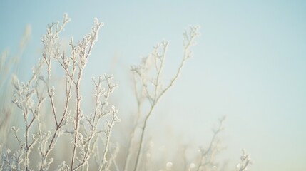 Obraz premium Frosted branches reach upwards in a serene winter landscape, set against a clear sky, whispering the essence of a peaceful, chilly morning.