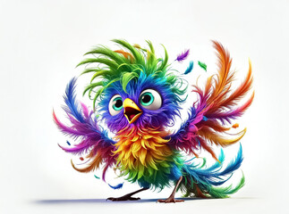 Fototapeta premium A colorful and wild bird character with vibrant rainbow plumage, exaggerated and unkempt feathers, and wide, expressive eyes. On isolated white background for stickers and prints
