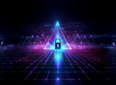 A glowing blue padlock sits at the center of a neon-lit, futuristic, gridded landscape, encompassed by vibrant pink and blue pyramids.  The scene evokes themes of digital security and technological ad