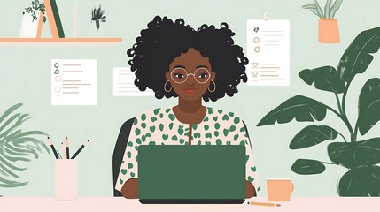 A Black female startup founder reviewing investor emails, a subtle Irish-themed wallpaper on her laptop screen